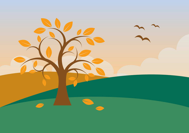 Дерево с опадающими листьями в осеннем ландшафтном векторе. Осеннее дерево в красивом ландшафтном векторе. Осенний пейзаж с иллюстрацией заката - Вектор,изображение