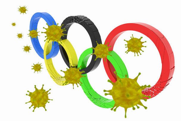 VIRUS concept covid 19, Zwevende CORONAVIRUS EN olympische symbolen ringen bekijken, pandemische virusinfectie, Aziatische griep 2020.3d renderen. - Foto, afbeelding