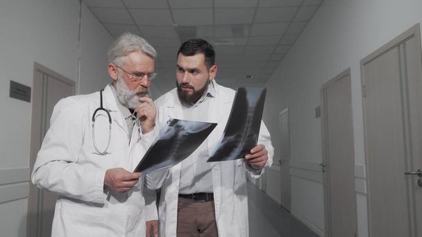 Два врача разговаривают в больничном коридоре, изучают рентгеновские снимки вместе - Фото, изображение