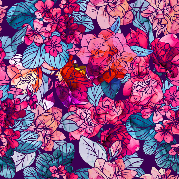 Безшовний візерунок, квіти з текстурою чорнила
 - Вектор, зображення
