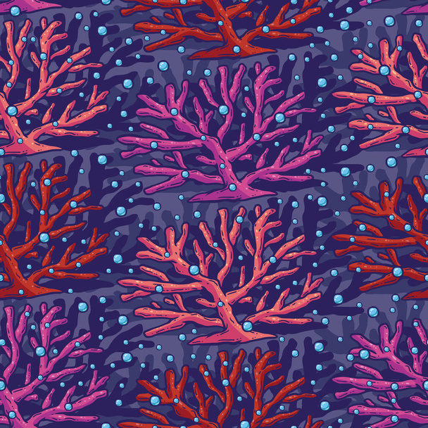 Renkli, pürüzsüz bir mercan deseni. Deniz / okyanusta bulunan mercan manzaralı zarif bir dijital tasarım. Mercanlar ve diğer deniz elementlerinin yer aldığı sevimli ve sevimli bir grafik tasarımı. - Vektör, Görsel