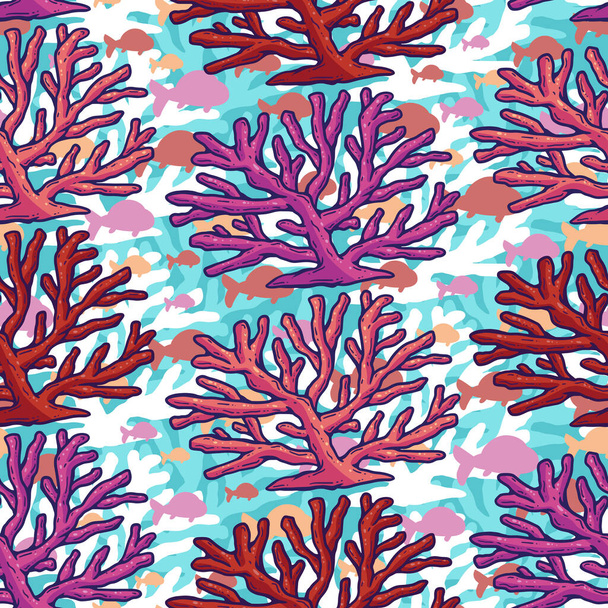 Ein wunderschönes farbenfrohes, nahtloses Korallenmuster. Ein elegantes digitales Design mit einer Landschaft im Meer / Ozean, die aus Korallen besteht. Ein niedliches und entzückendes grafisches Design mit Korallen und anderen Meereselementen. - Vektor, Bild