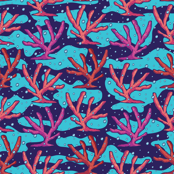 Un hermoso y colorido patrón de coral sin costuras. Un elegante diseño digital con un paisaje que se encuentra en el mar / océano que es el coral. Un lindo y adorable diseño gráfico con corales y otros elementos marinos. - Vector, Imagen