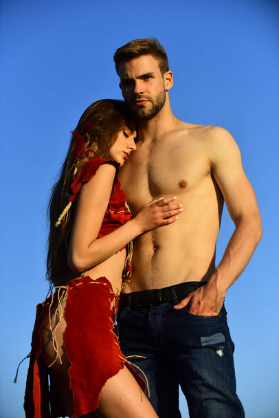 Romantic moment of passionate couple outdoor. Sensual people. - 写真・画像