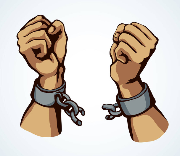 Close up power courage rebel human clench enslave fist fight unchain tear white sky text space. Line black drawn hostage hope metal law tied trap change sin save win protest sign sketch as art cartoon - Vector, Image