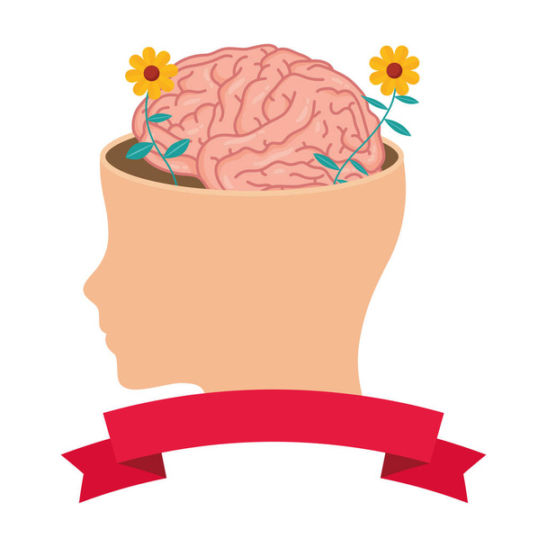 perfil com cérebro humano e flores ícone de cuidados de saúde mental - Vetor, Imagem