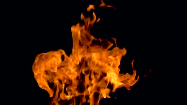 Vídeo en cámara lenta de fuego y llamas.Una fosa de fuego, gas ardiente o gasolina arde con fuego y llamas.Llamas y chispas ardientes de cerca, patrones de fuego. - Metraje, vídeo