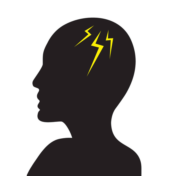 Menschenkopf mit Blitz-Symbol im Inneren als Gehirn. Konzept des stresschaotischen Denkprozesses. Flache Vektorabbildung - Vektor, Bild