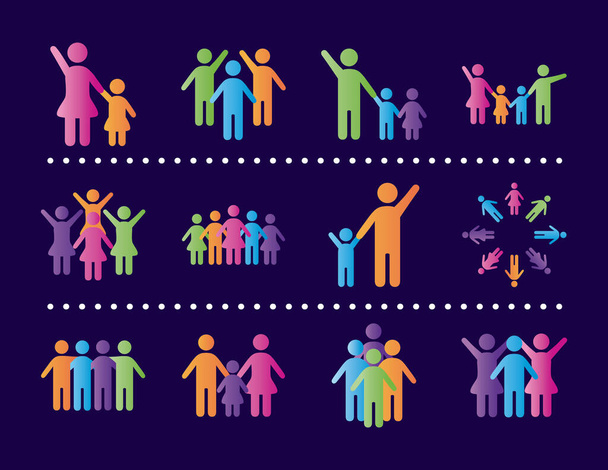bundel van community en familie figuren in roze achtergrond degradiënt stijl pictogrammen - Vector, afbeelding
