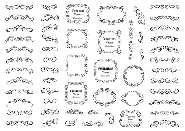 Calligraphic design elements . Decorative swirls or scrolls, vintage frames , flourishes, labels and dividers. Retro vector illustration - Vector, Image