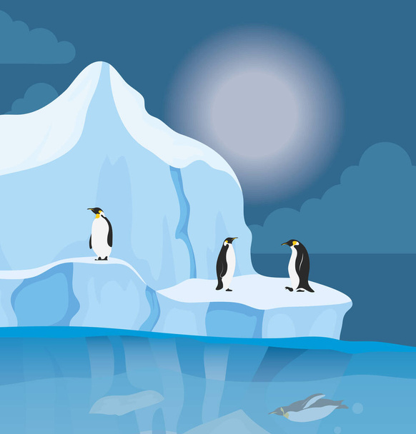 παγόβουνο μπλοκ αρκτική σκηνή νύχτα με πιγκουίνους - Διάνυσμα, εικόνα