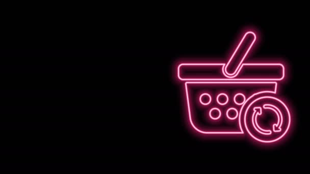 Glowing neon line Refresh shopping basket icon isolated on black background. Online buying concept. Delivery service sign. Update supermarket basket. 4K Video motion graphic animation - Footage, Video