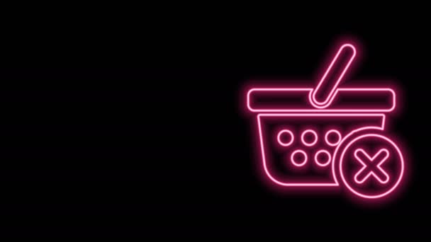 Gloeiende neon lijn Verwijder winkelwagen pictogram geïsoleerd op zwarte achtergrond. Online kopen concept. Bezorging bord. Supermarkt mand en X-mark. 4K Video motion grafische animatie - Video