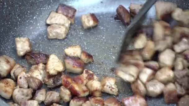 Clipe de vídeo 4K de fritar pedaços de carne em uma frigideira com óleo em close-up de alta temperatura. Cozinhamos o porco assado em casa. O processo de cozinhar comida para jantar, a receita para cozinhar carne frita. - Filmagem, Vídeo
