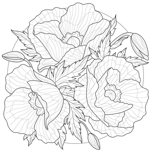 Poppies. Flowers.Coloring book antistress for children and adults. Illustration isolated on white background.Black and white drawing.Zen-tangle style. - Διάνυσμα, εικόνα