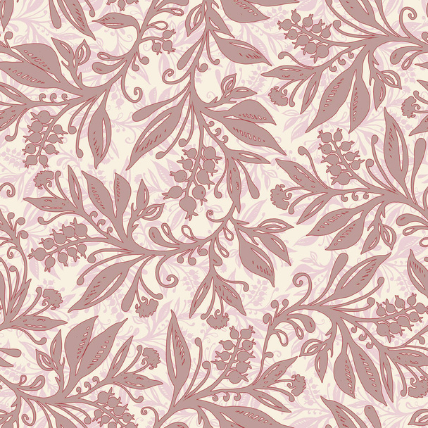Цветочный бесшовный узор с листьями и ягодами розового, коричневого, кремового и красного цветов - Вектор,изображение