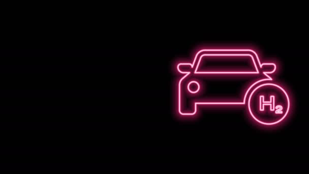 Gloeiende neon lijn Waterstof auto pictogram geïsoleerd op zwarte achtergrond. H2 station teken. Waterstof brandstofcel auto eco milieuvriendelijke nul emissie. 4K Video motion grafische animatie - Video