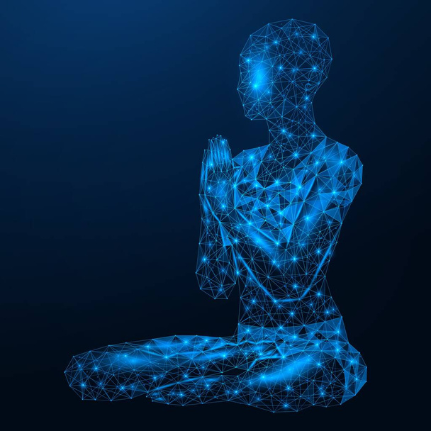 Meditation. Silhouette of a girl practicing yoga in the Lotus position. The concept of a healthy lifestyle. Low-poly human design. Blue background. - Vector, Image