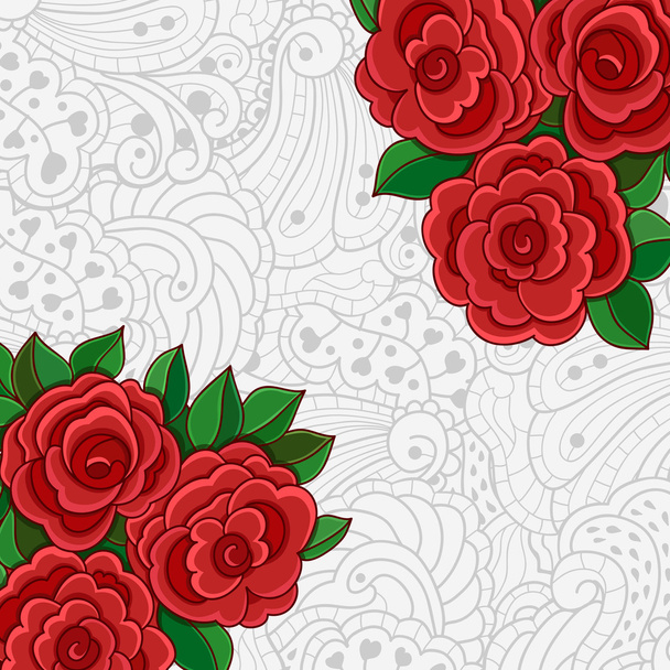 Background with red roses and leaves. - Вектор, зображення
