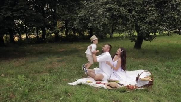 Video de la hermosa familia caucásica con un niño pasar mucho tiempo juntos y divertirse en el parque en verano - Metraje, vídeo