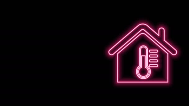 Linea al neon luminosa Icona della temperatura della casa isolata su sfondo nero. Icona del termometro. Animazione grafica 4K Video motion - Filmati, video