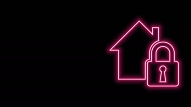 Λαμπερό neon line House υπό προστασία εικονίδιο απομονώνονται σε μαύρο φόντο. Σπίτι και κλείδωσε. Προστασία, ασφάλεια, προστασία, έννοια της άμυνας. 4K Γραφική κίνηση κίνησης βίντεο - Πλάνα, βίντεο