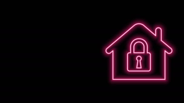 Linea al neon luminosa House sotto l'icona di protezione isolata su sfondo nero. A casa e chiudi. Protezione, sicurezza, sicurezza, protezione, concetto di difesa. Animazione grafica 4K Video motion - Filmati, video