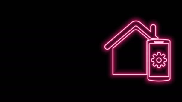 Świecąca neonowa linia Smart home - ikona zdalnego sterowania odizolowana na czarnym tle. 4K Animacja graficzna ruchu wideo - Materiał filmowy, wideo