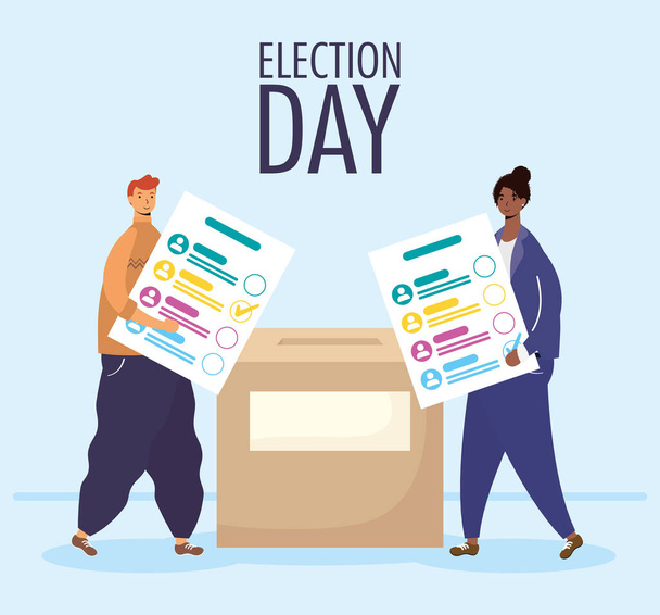 lettering dia da eleição com casal interracial levantando cartões de voto na caixa - Vetor, Imagem