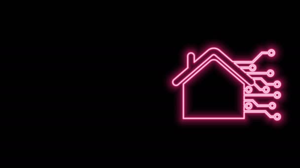 Hehkuva neon line Smart kotiin kuvake eristetty mustalla taustalla. Kaukosäädin. 4K Video motion graafinen animaatio - Materiaali, video