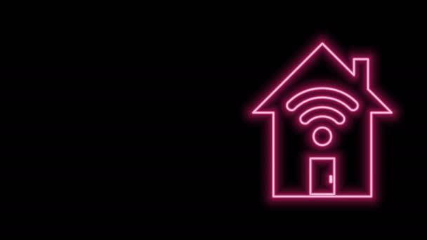 Gloeiende neon lijn Smart home met wi-fi icoon geïsoleerd op zwarte achtergrond. Afstandsbediening. 4K Video motion grafische animatie - Video