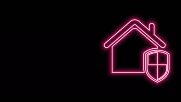 Leuchtende Neon Line House unter Schutz Symbol isoliert auf schwarzem Hintergrund. Heimat und Schild. Schutz, Sicherheit, Sicherheit, Schutz, Verteidigungskonzept. 4K Video Motion Grafik Animation - Filmmaterial, Video