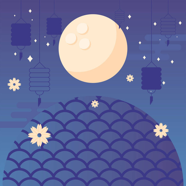 счастливого сбора урожая середины осени с векторным дизайном лунных цветов и фонарей - Вектор,изображение
