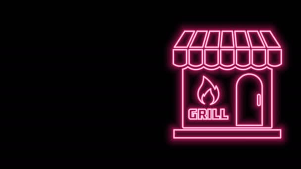 Leuchtende Neon-Linie Barbecue Einkaufsgebäude oder Marktladen Symbol isoliert auf schwarzem Hintergrund. Grillparty. Ladenbau. 4K Video Motion Grafik Animation - Filmmaterial, Video