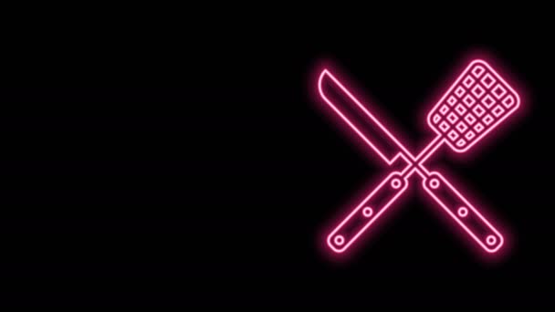 Ragyogó neon vonal Keresztezett kés és spatula ikon elszigetelt fekete háttérrel. Grill kés és spatula jel. Grillsütő és grillsütő. 4K Videó mozgás grafikus animáció - Felvétel, videó