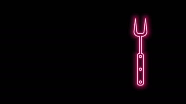 Linea neon incandescente icona della forcella barbecue isolata su sfondo nero. Segnale forchetta barbecue. Barbecue e strumento griglia. Animazione grafica 4K Video motion - Filmati, video