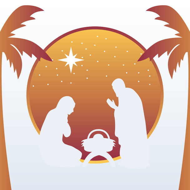 Boldog karácsonyt jászol jelenet szent család sziluett - Vektor, kép