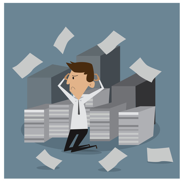 PrintStressful business man in office with too many stack of paper - Vector, Image