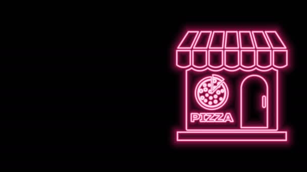 Hehkuva neon line Pizzeria rakennuksen julkisivu kuvake eristetty mustalla pohjalla. Pikaruokapizzeriakioski. 4K Video motion graafinen animaatio - Materiaali, video