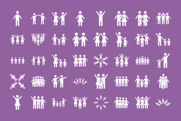 csomag közösségi és családi figurák lila háttér vonal stílus ikonok - Vektor, kép
