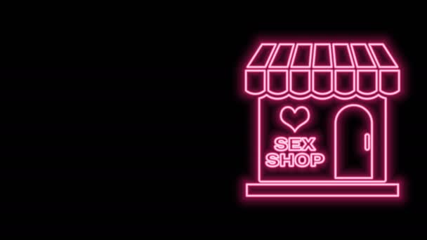 Ragyogó neon vonal Szex bolt épület csíkos napellenző ikon elszigetelt fekete háttérrel. Szexbolt, online szexbolt, felnőtt erotikus termékek koncepciója. 4K Videó mozgás grafikus animáció - Felvétel, videó