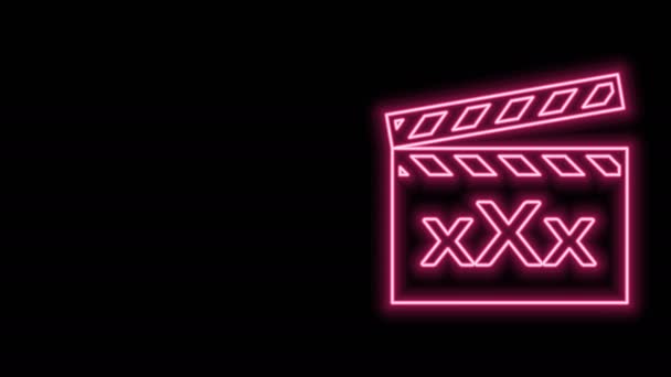 Gloeiende neon lijn Film clapper met inscriptie Sex icoon geïsoleerd op zwarte achtergrond. Leeftijdsbeperking symbool. 18 plus inhoud teken. Volwassen kanaal. 4K Video motion grafische animatie - Video