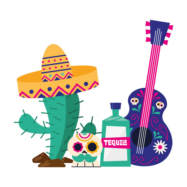 mexican cactus with hat skull tequila and guitar vector design - Vector, Image