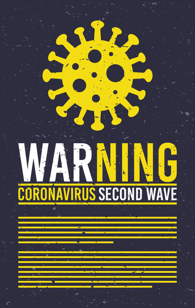 covid19 segunda onda campanha lettering com partícula de vírus em fundo preto - Vetor, Imagem