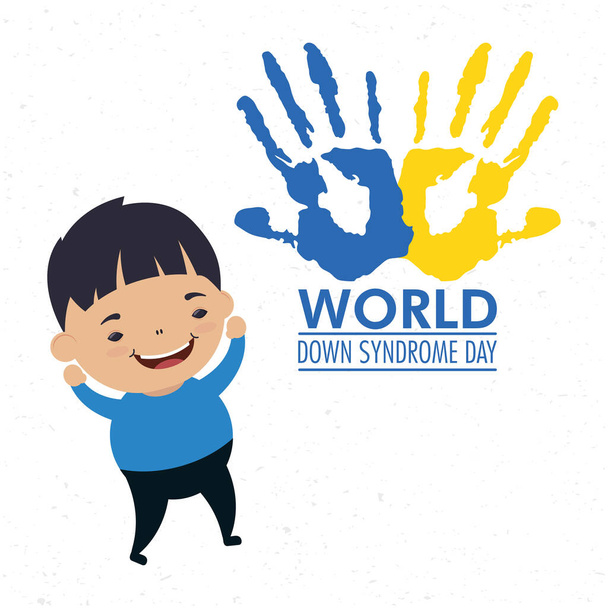 world down syndrome day lettering with hands print paint and boy - Vector, Image