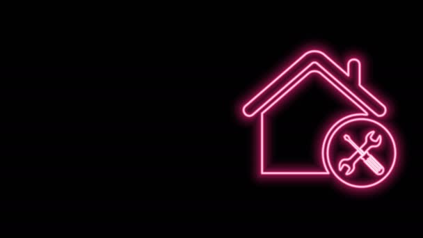 Glowing neon line House or home with screwdriver and wrench icon isolated on black background. Adjusting, service, setting, maintenance, repair, fixing. 4K Video motion graphic animation - Footage, Video
