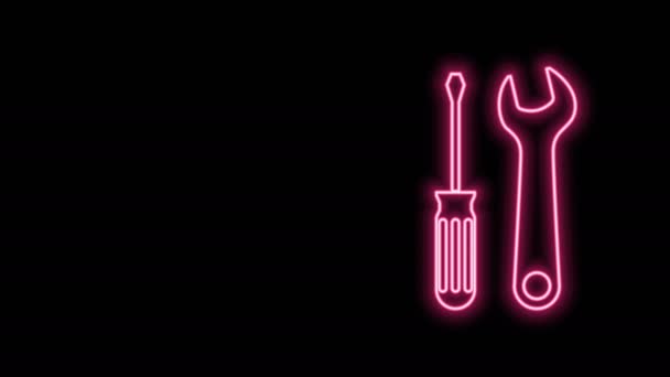 Leuchtende Neon-Linie Schraubenzieher und Schraubenschlüssel Werkzeuge Symbol isoliert auf schwarzem Hintergrund. Service-Tool-Symbol. 4K Video Motion Grafik Animation - Filmmaterial, Video