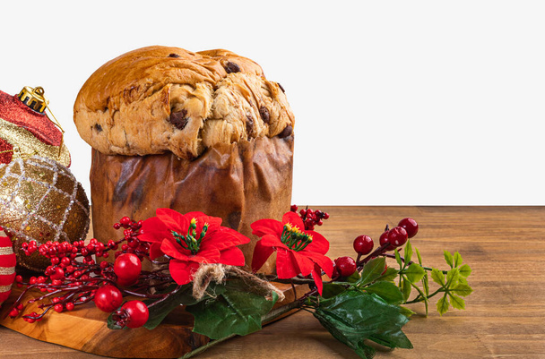 Panettone with chocolate, traditional Italian dessert cake for Christmas. With white background. - Photo, Image