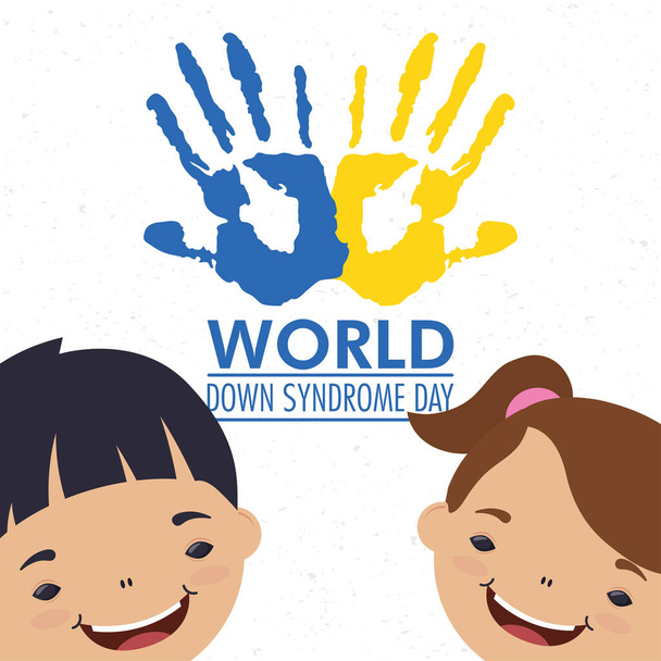 iscrizione di giorno di sindrome di mondo giù con pittura di stampa di mani e coppia di bambini - Vettoriali, immagini