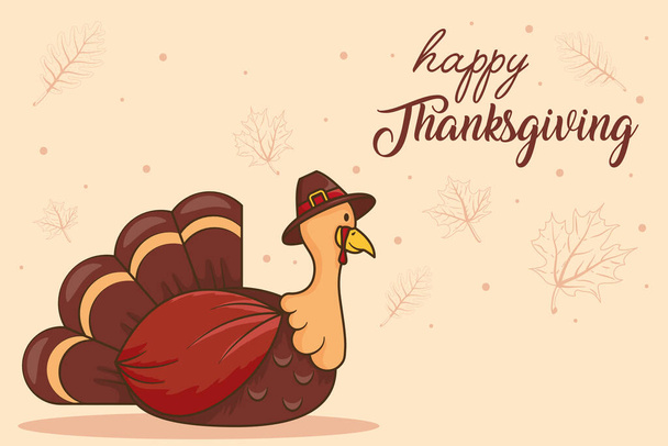 happy thanksgiving day celebration lettering with turkey wearing pilgrim hat - Vector, Image